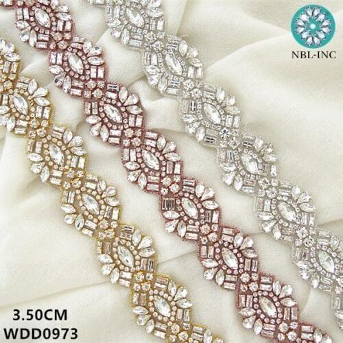 10 YARDS) Wholesale bridal beaded sewing silver crystal rhinestone applique trim iron on for wedding dress WDD0973