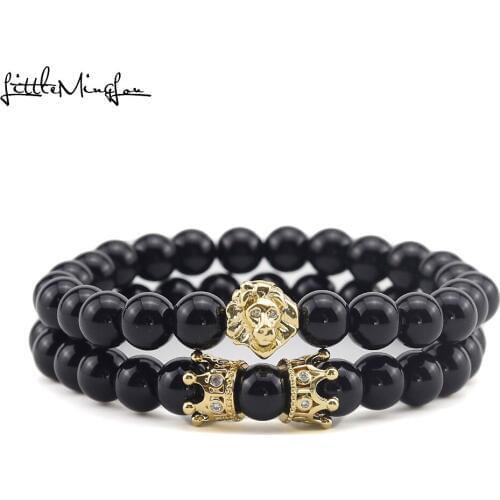 2pcs/set Cubic zirconia lion head charm men Natural stone Beads Bracelets Set CROWN Couple men Bracelets & Bangles Jewelry Gift