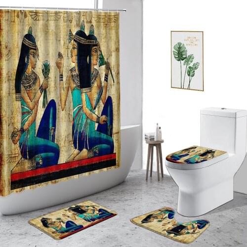 4pcs Ancient Egypt Retro Mural Shower Curtains Set Egypt Pharaoh Culture Art Bathroom Decor Curtain Bath Mats Toilet Cover Rug