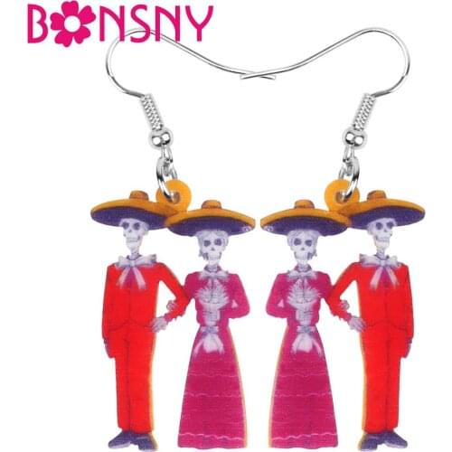 Bonsny Acrylic Halloween Skull Skeleton Couple Earrings Drop Dangle Festival Decoration Accessory Girls Teens Charms Party Gift