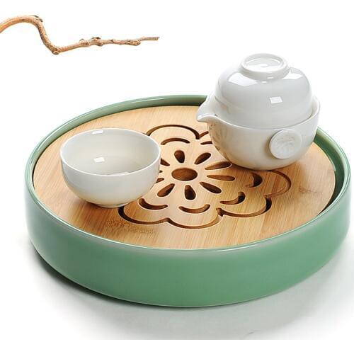 Bamboo ceramic tea tray Japanese tea ceremony round heavy bamboo tray water storage home leisure tea tray