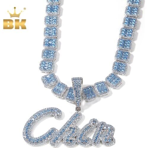 THE BLING KING Custom Brush Script Letter Two Tone Pendant Micro Paved Purple CZ NamePlate Baguette Chain Hiphop Necklace
