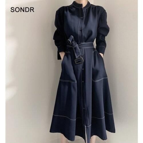 One-Piece Korean Shirt Dresses 2020 Autumn Women New Elegant Dress Bandage Long Sleeve Dress High Waist Loose Mid-Length Dresses