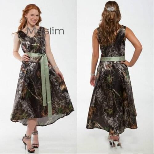Short Camo Prom Dresses V Neck Tea Length Camouflage Evening Dress 2021 A Line Taffeta Women Formal Party Gown With Sash Vintage