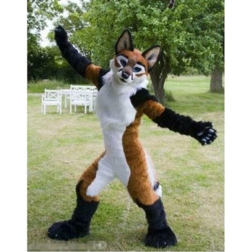 Long-haired fox terrier head Long Fur Fursuit Brown Husky Dog Mascot Cosplay Party Game Adult Size Outfits Hallowee