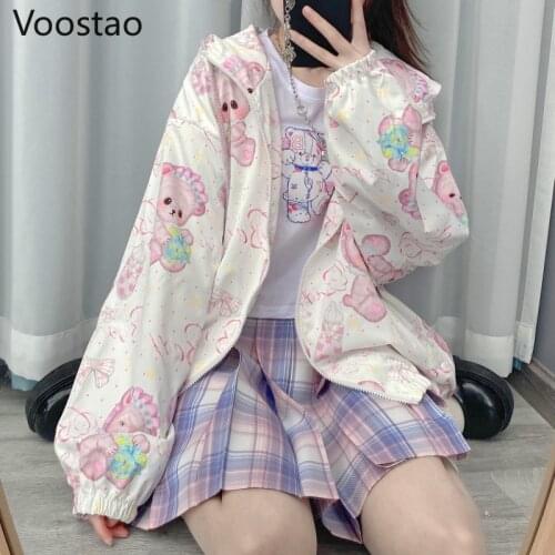Spring Autumn Japanese Sweet Lolita Thin Jackets Women Loose Cute Cartoon Baby Bear Print Zipper Hooded JK Coats Girl Sweatshirt