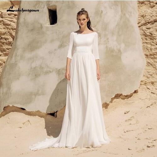 Lakshmigown Chiffon Long Wedding Dress Boho Appliques Lace Beach Bride Gowns O-Neck Court Train Bridal Party Dress