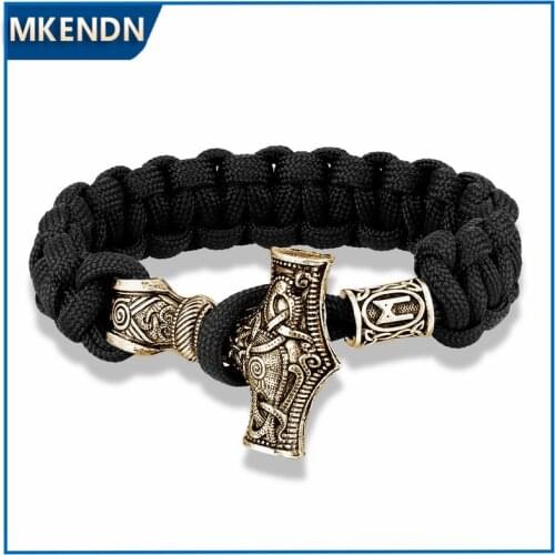 MKENDN Viking Rune Bead Survival Bracelet Men Vintage Gold Thor Mjolnir Hammer Metal Handmade Woven Paracord Rope Bangles