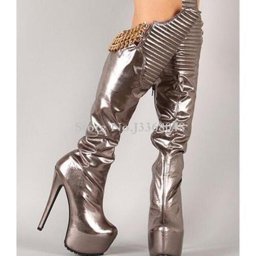 Fashion Over The Knee Boots Round Toe Platform Thin High Heel 16 CM Boots Gold Chain Designed Sliver Black Women Long Boots