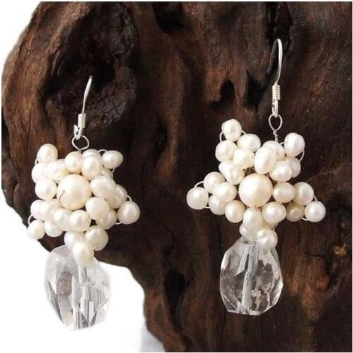New Arrival Favorite Pearl Earring White Huge Crystal Genuine Freshwater Pearls S925 Silver Flower Dangle Earrings Lady Gift