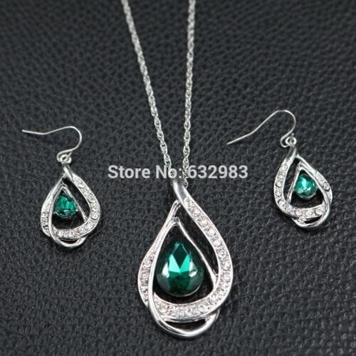 Charm Silver Plated GREEN Teardrop Crystal Pendant Necklace Earrings Set Women Wedding Jewelry Sets Party Costume Accessories