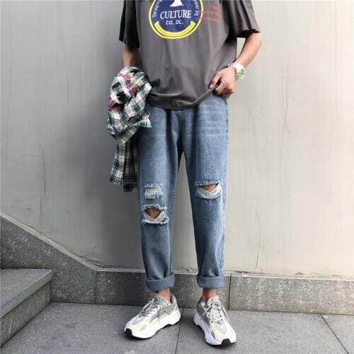Wholesale 2020 fashion Boys pants Harajuku style trendy jeans Korean loose straight beggar pants summer ripped cropped pants