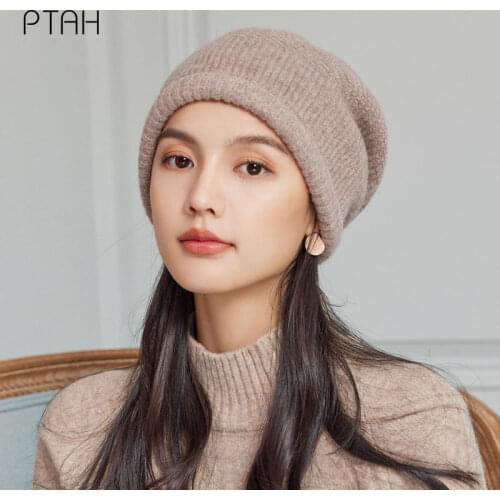 [PTAH] Knitted Woolen Hats For Women Brand Hat Pure Color Girls Cap Female Skullies Beanies Autumn Winter Warmer Softer Wool Hat