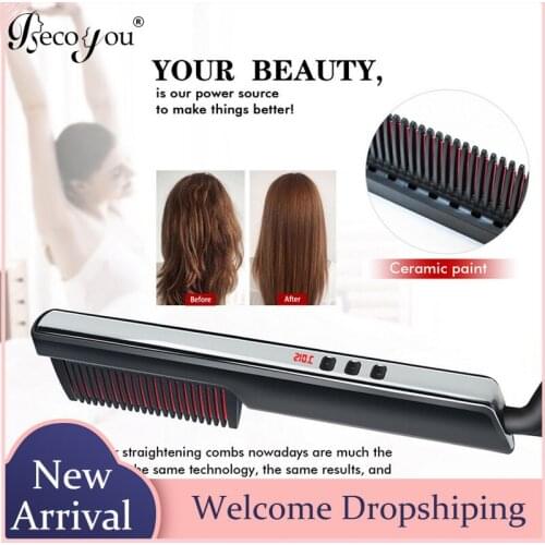 3 in 1 Electric PTC Ceramic Hair Beard Straightener Curler Brush Comb with 6 Temperature Settings LCD Display for Men Women