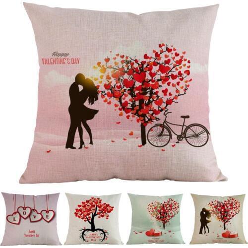 Happy Valentines Day Red Love Tree Bike Romantic Couple Lovers Pillow Case Home Sofa Decorative Cushion Cover Holiday Gift