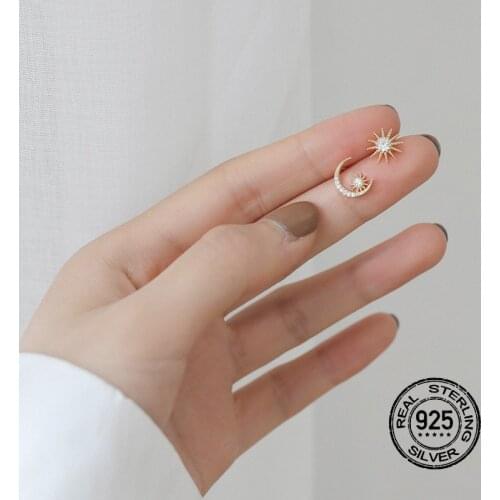 Stud Earrings For Women S925 Silver Zircon Beautiful Super Flashing Exquisite Sun Moon Stars Asymmetrical INEFFA Romantic Elegan