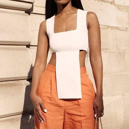 Sibybo Summer White Irregular Crop Top Women Square Collar Sleeveless Vest Tees 2021 Femme Streetwear Sexy Slim Basic Tank Tops