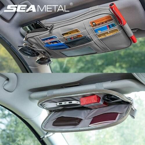 Car Sun Visor Storage Bag PU Leather Auto Sunshade Organizer Support Multifunctional Sunvisor Card Pen Sunglasses Phone Holder