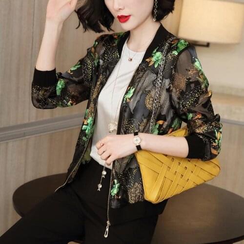 Thin See Through Summer Cover Ups New Fashion Long Sleeve Floral Print Zipper Jacket Casual Autumn Outwear Coat