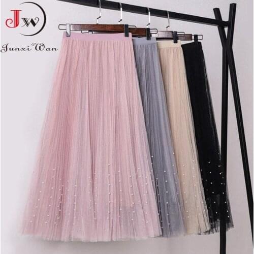 Women Summer Sweet Beaded Mesh Pleated Long Skirt 2021 Spring Elastic Waist Solid Elegant Office Ladies Fairy Skirt Saias