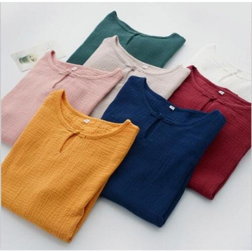 Chinese Style Women Cotton T-Shirt Solid Button Tops 2020 Vintage O-Neck Half Sleeves Loose Comfortable Tops Plus Size M-7XL