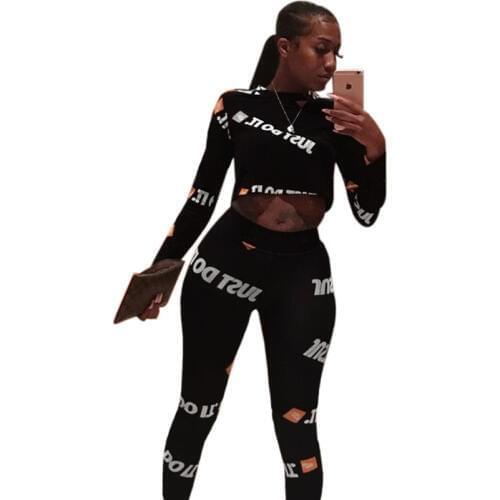 Letter print skinny women set o neck long sleeve crop top and long pants 2 pieces outfits for women DAL004