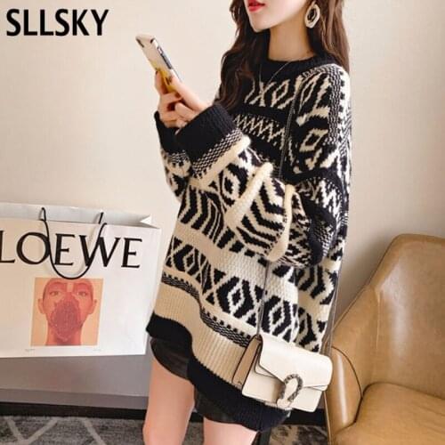 Sllsky Women Striped Patchwork Knitted Sweater Autumn Loose European Style Thick knitted Pullover Sweater Casual Streetwear