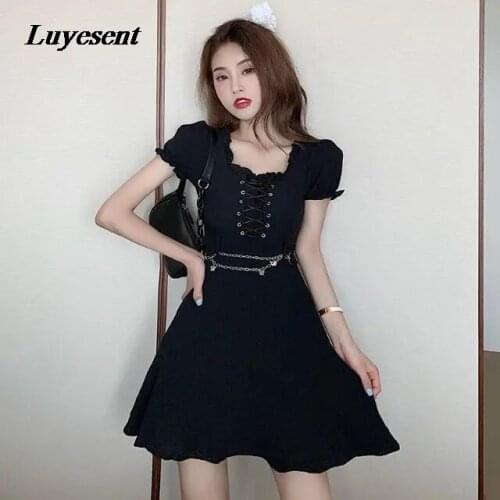 Black Gothic Women Puff Sleeve Dress 2021 Summer Lady Lace-up Bust Eyelet Empire Oversize Mini M-4XL Dresses Metal Waist Chains