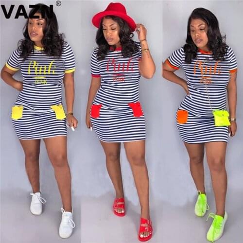 VAZN 2020 Hot Classic Striped Regualr Young Daily Suitable Simple Fashion Round Neck Short Sleeve Women Thin Mini Dress