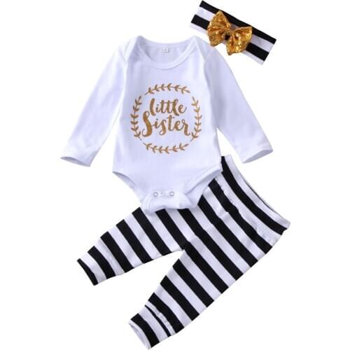 2020 Spring Autumn Baby Girl Little Sister Clothes Long Sleeve Bodysuit Striped Pants Headband 2Pcs Newborn Girls Outfits 0-12M