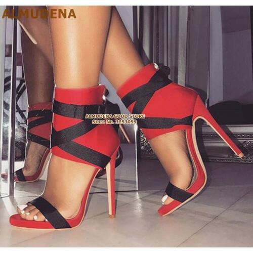 ALMUDENA Bandage Buckle Strap High Heel Sandals Red White Blue Mixed Color Dress Pumps Cross Strappy Patchwork Dropship Shoes