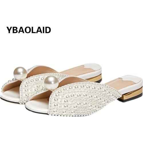 Shallow mouth sweet pearl fish mouth fashion casual flat sandals and slippers summer new leather white princess sandals