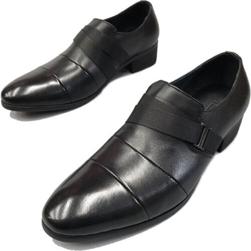 Business buckle strap mens shoes increased fashion metal round toe personality patchwork shoes male elestic band slip-on shoes