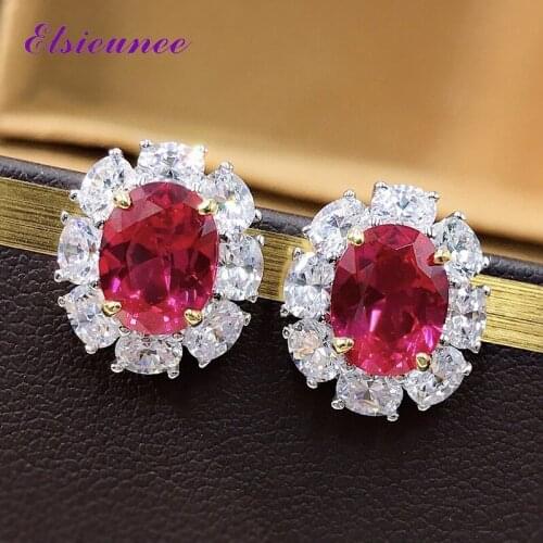 ELSIEUNEE Vintage Solid Silver 925 Oval Cut Ruby Created Moissanite Gemstone Stud Earrings Girls Party Wedding Fine Jewelry Gift