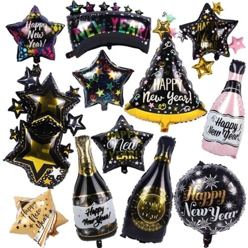 2022 Happy New Year Foil Balloons Christmas Party Decoration Black Star wine Bottle Helium Globos New Year eve Party air balls