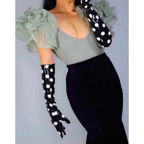 LATEX LONG GLOVES Faux Shine Patent Leather 20" 50cm Large Polka Dot Slim Fit Women Leather Gloves WPU269
