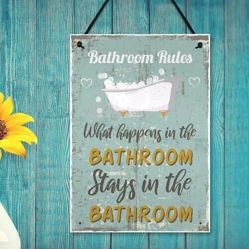 Meijiafei Shabby Chic What Happens In The Bathroom Funny Sign Toilet Loo Wall Door Plaque 8.3"x 11.7"