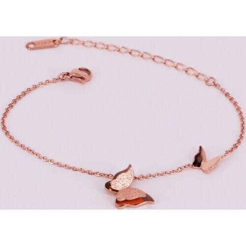 Fashion Stainless Steel Bangle Cute Double frosted Butterfly Charm Chain Insect Bracelet Woman Wedding Party Gift