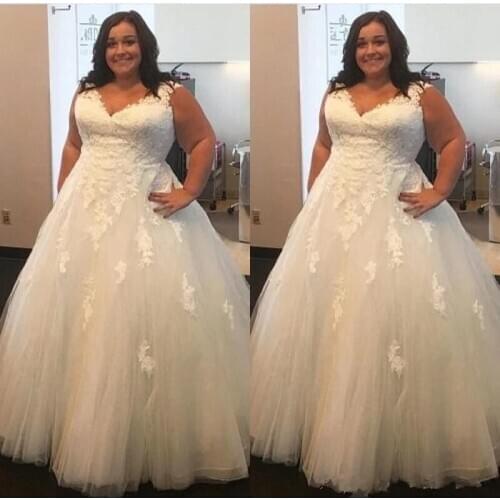 2021 Newest Vestido De Noiva Lace Plus Size Wedding Dresses A-Line Puffy Tulle V Neck Cheap Boho Wedding dress Bridal gown