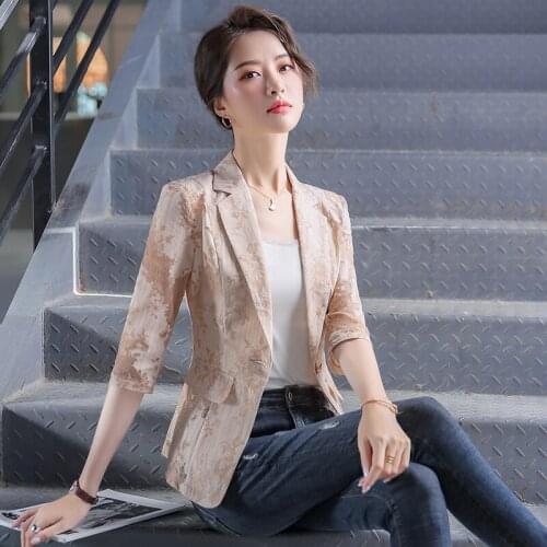 Novelty Apricot Half Sleeve Blazers Jackets Coat for Women Business Work Wear Spring Summer OL Styles Lace Outwear Tops Blaser