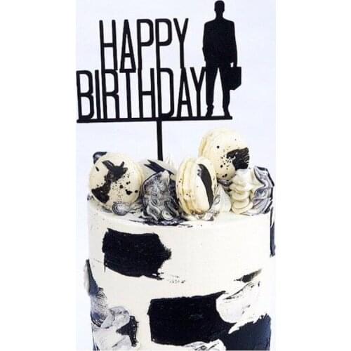 New Happy Birthday Acrylic Cake Toppers Black Dad Silhouette Fathers Day Cake Toppers for Father Birthday Party Cake Decoration