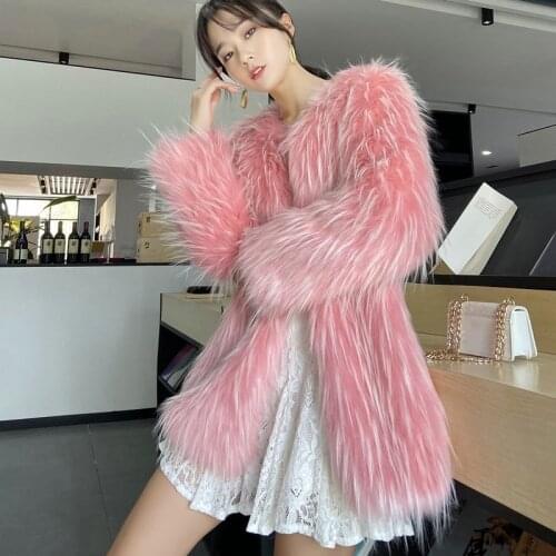 Fashion Coat Women Mid-length 2021 Autumn Winter New Plus Size Jacket Female Imitation Raccoon Woven Faux Fur Overcoat 3XL A492