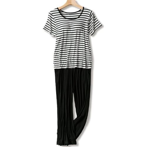 Spring summer pajamas women modal cotton bra padded ladies pijama set short sleeve cropped pant two piece sleepwear pyjama femme