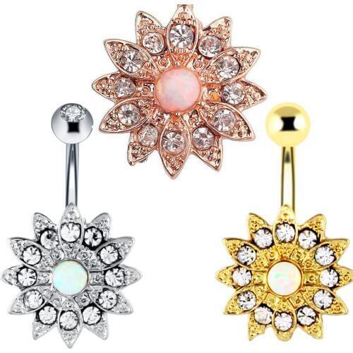 Hot Brand 1 Piece Wholesale 1PC Opal Flower Belly Button Ring Jeweled Flower 14G Girls Body Piercing Hide-it Jewelry Women famme