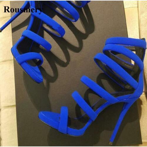 Summer New Fashion Women Open Toe Straps Design Gladiator Sandals Cut-out Blue Suede Leather High Heel Sandals Dress Shoes