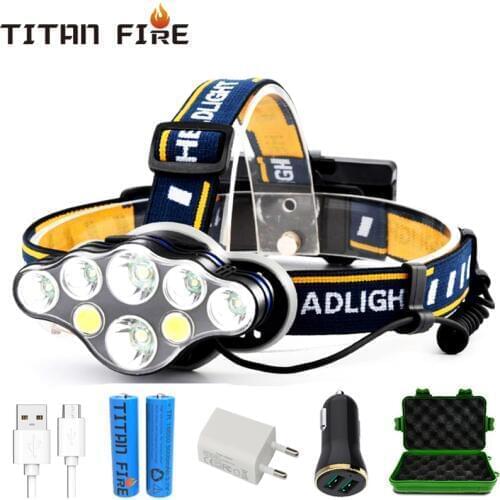 T20 LED Headlamp Rechargeable T6 COB 8 Modes Headlight Lamps 6000 Lumens Flashlight Zoomable Waterproof for Camping Fishing
