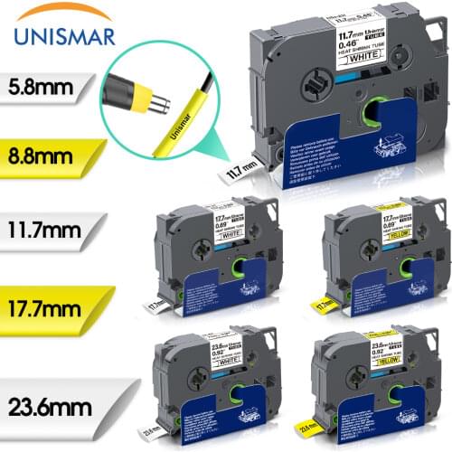 Unismar HSe-231 HS-231 0.46'' 11.7mm for Brother Black on White Heat Shrink Tube Label Tape Printer for PT-D210 PT-D400 PT-E300