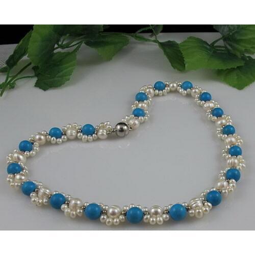 Unique Pearls jewellery Store,Handmade Flower Necklace,Perfect Women Gift Blue Turquoises Made Freshwater Pearl Necklace