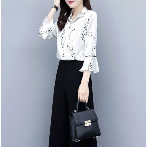 Set female 2019 summer and autumn new fashion printing set temperament Slim loose wide leg pants elegant womens two-piece suit