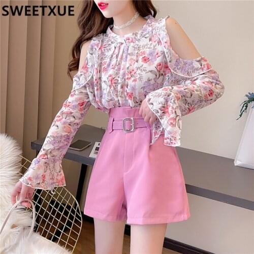 SWEETXUE Lady 2021 Spring Sweet Off-Shoulder Floral Chiffon Flared Sleeve Top +High-Waist Wide-Leg Shorts Set With Belt Tube Top